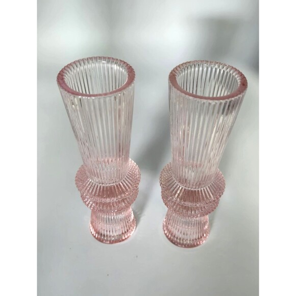 Pink Glass Ribbed Column Taper Candle Stick Holders Bud Vases Pair 6.25" MCM - Picture 4 of 9